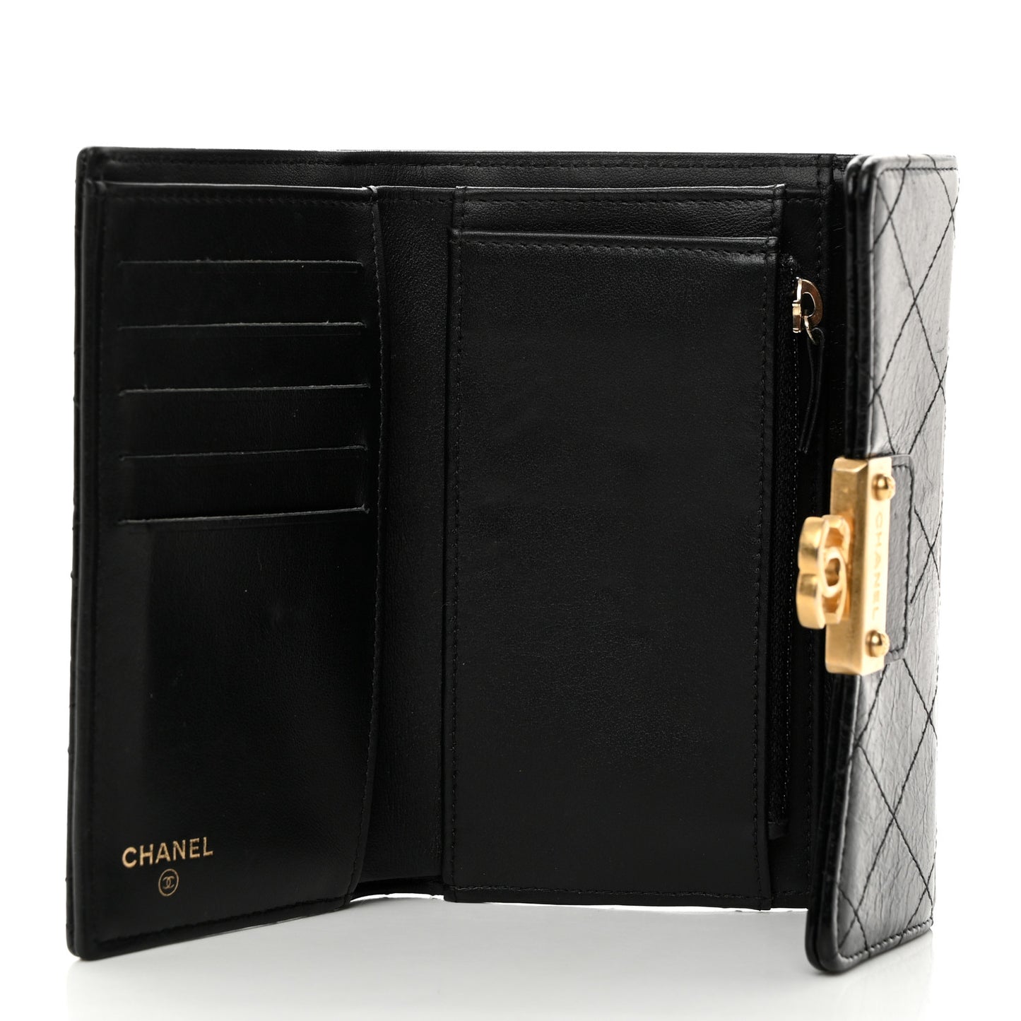Goatskin Stitched Small Golden CC Flap Wallet Black