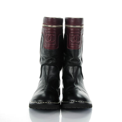 Chanel Calfskin Motorcycle Zipper Boots 37.5 Black Burgundy 2 of 8