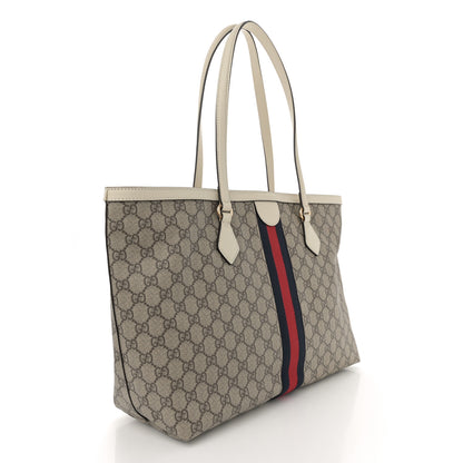 Gucci GG Supreme Monogram Textured Dollar Calfskin Web Medium Ophidia Shopping Tote Beige Ebony Mystic White 3 of 11