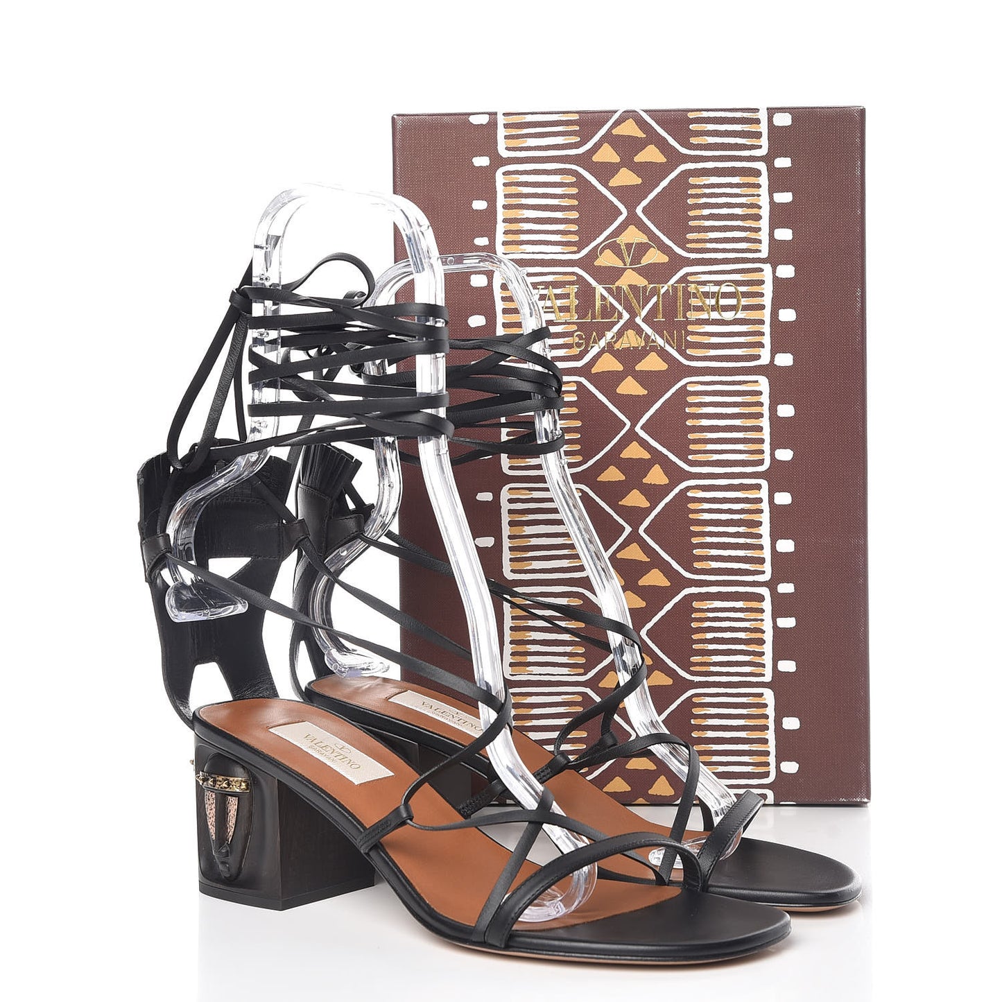 Calfskin Mask Embossed Gladiator Sandals 38.5 Brown Black