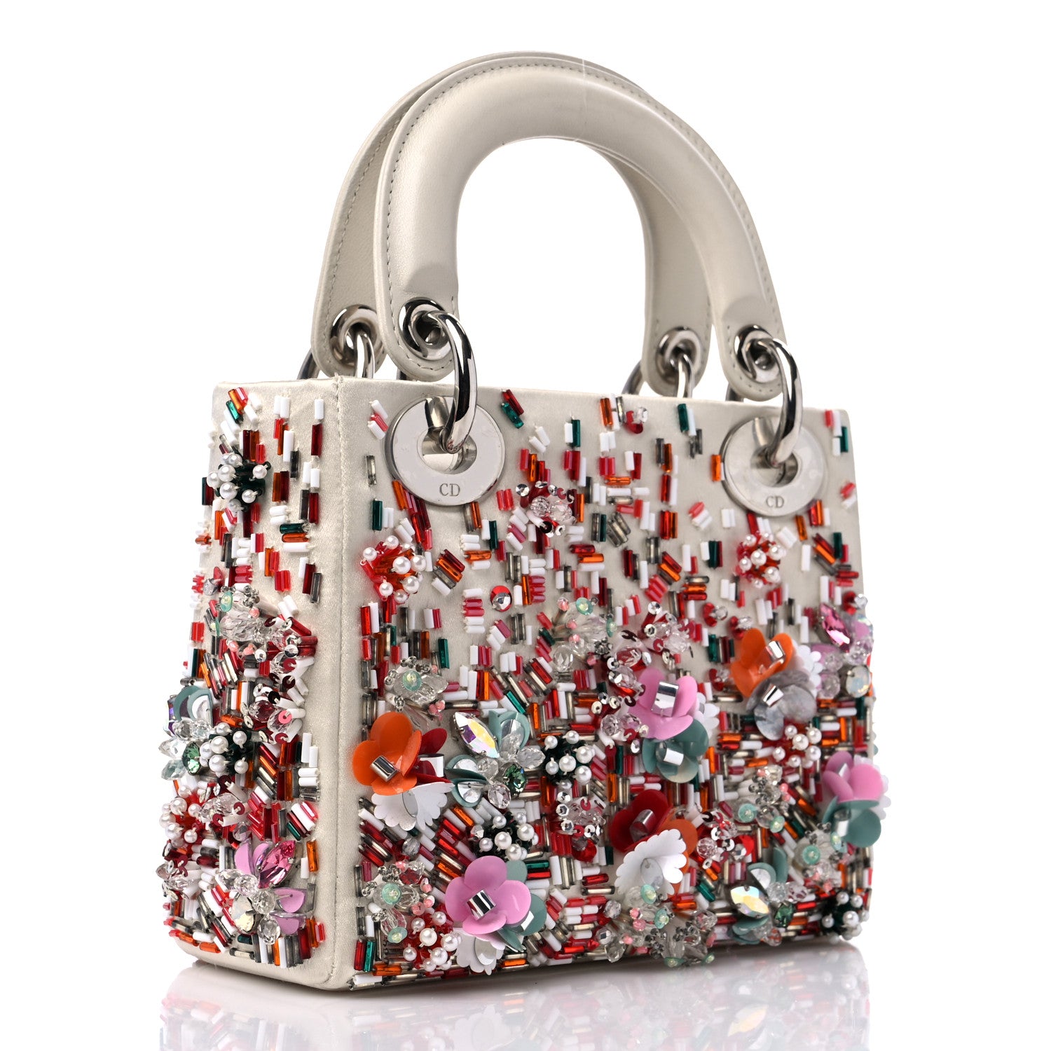 Christian Dior Satin Lambskin Sequin Embroidered Mini Lady Dior White Multicolor 3 of 14