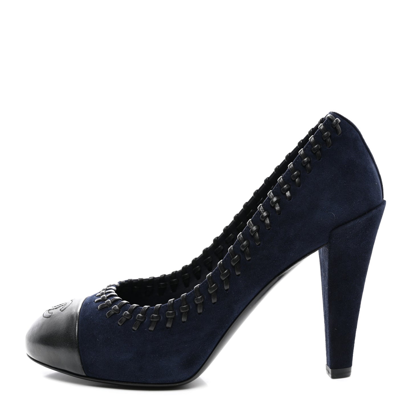 Suede Lambskin Cap Toe Whipstitch Pumps 37 Navy Black