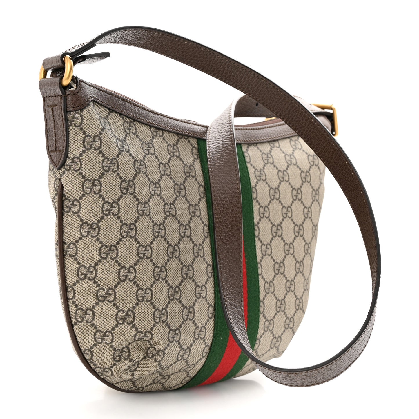GG Supreme Monogram Textured Dollar Calfskin Web Small Ophidia Half Moon Hobo Beige Ebony New Acero