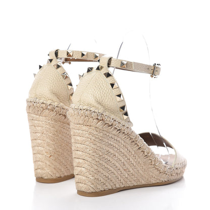 Valentino Garavani Grained Calfskin Rockstud Ankle Strap Espadrille Wedge Sandals 38 Light Ivory 4 of 9
