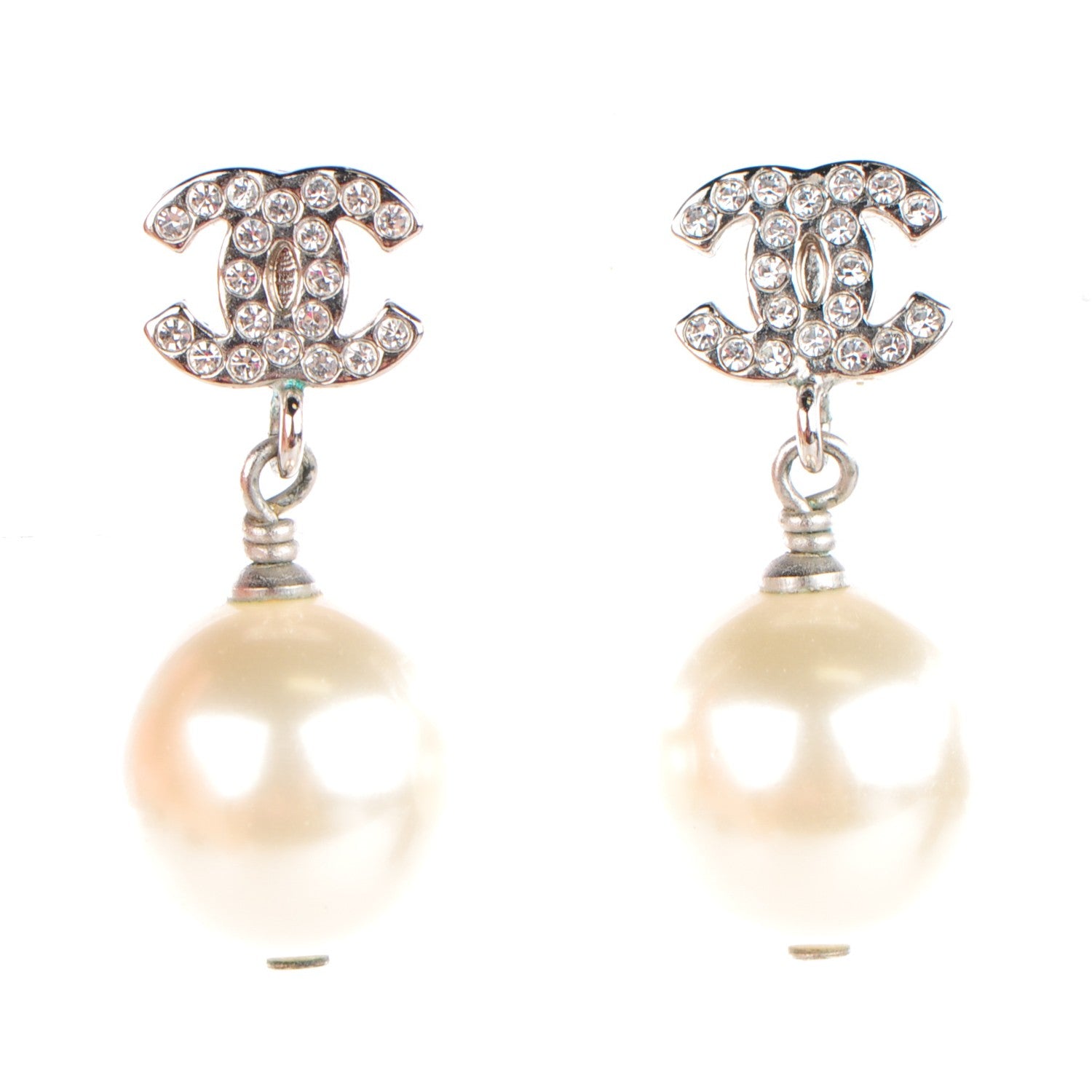 Chanel Crystal Pearl CC Drop Earrings Silver 1 of 5