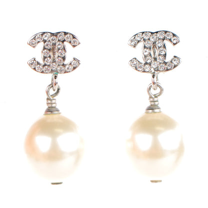 Chanel Crystal Pearl CC Drop Earrings Silver 1 of 5
