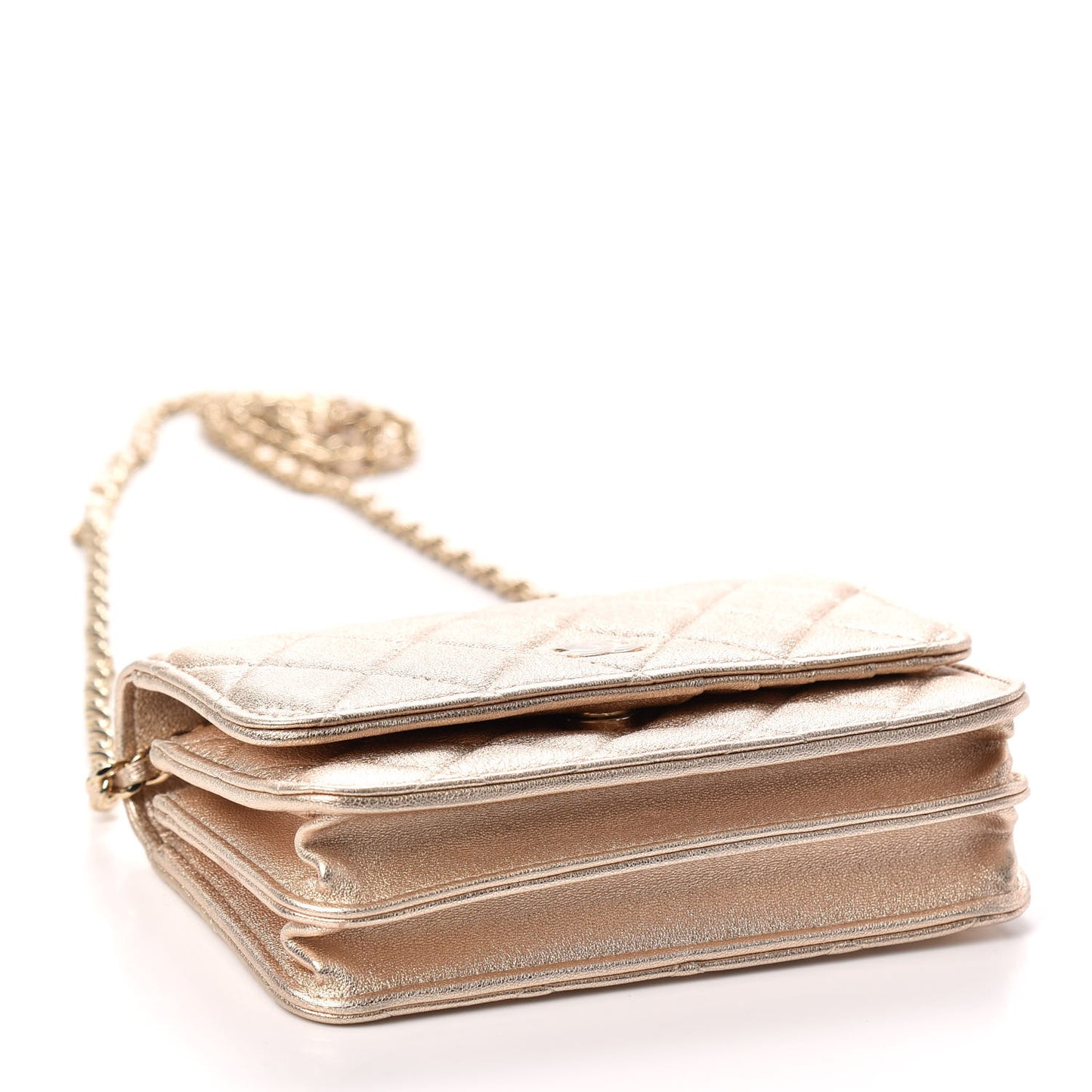 Metallic Lambskin Quilted Mini Wallet On Chain WOC Gold