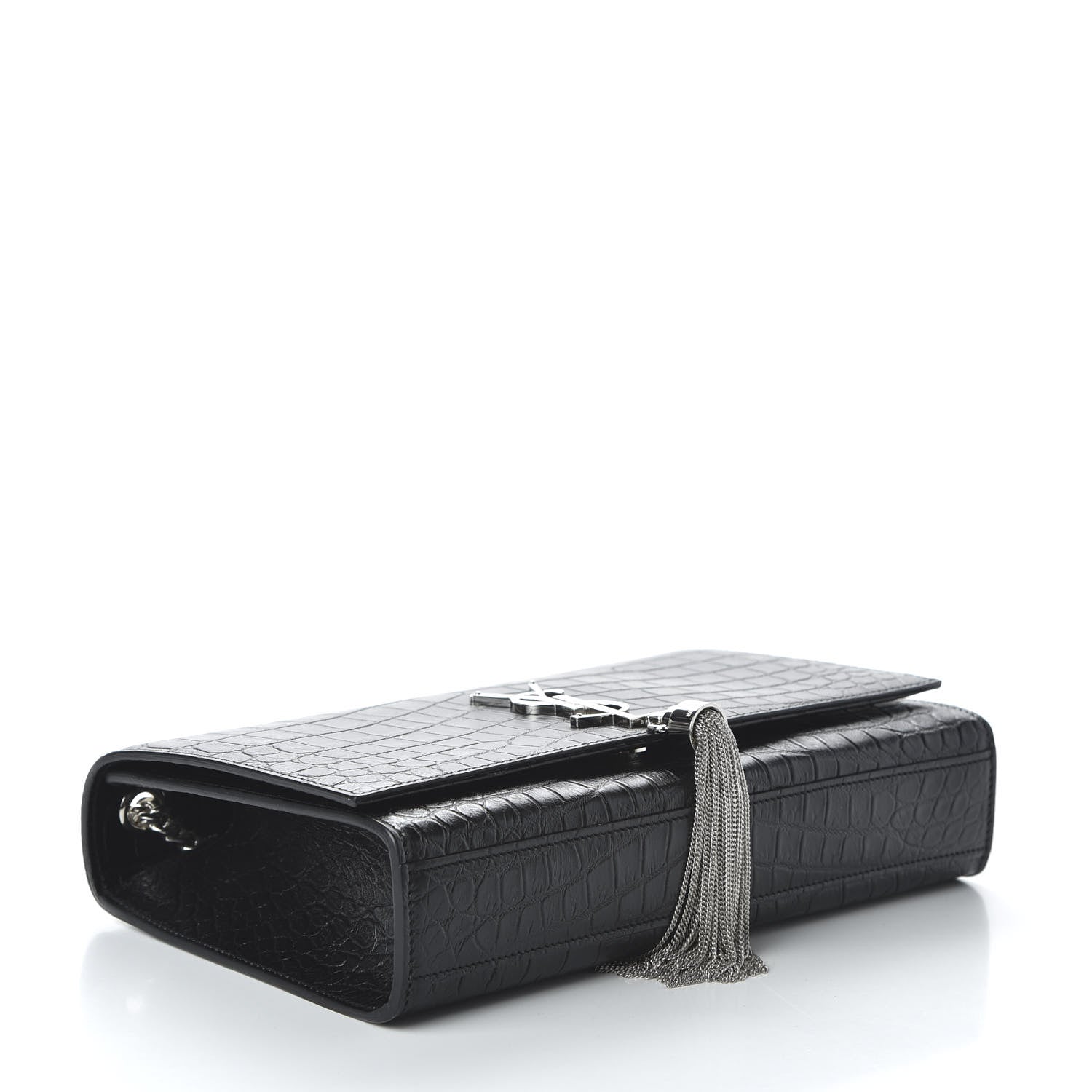 Saint Laurent Calfskin Crocodile Embossed Medium Classic Monogram Kate Tassel Satchel Black 4 of 10