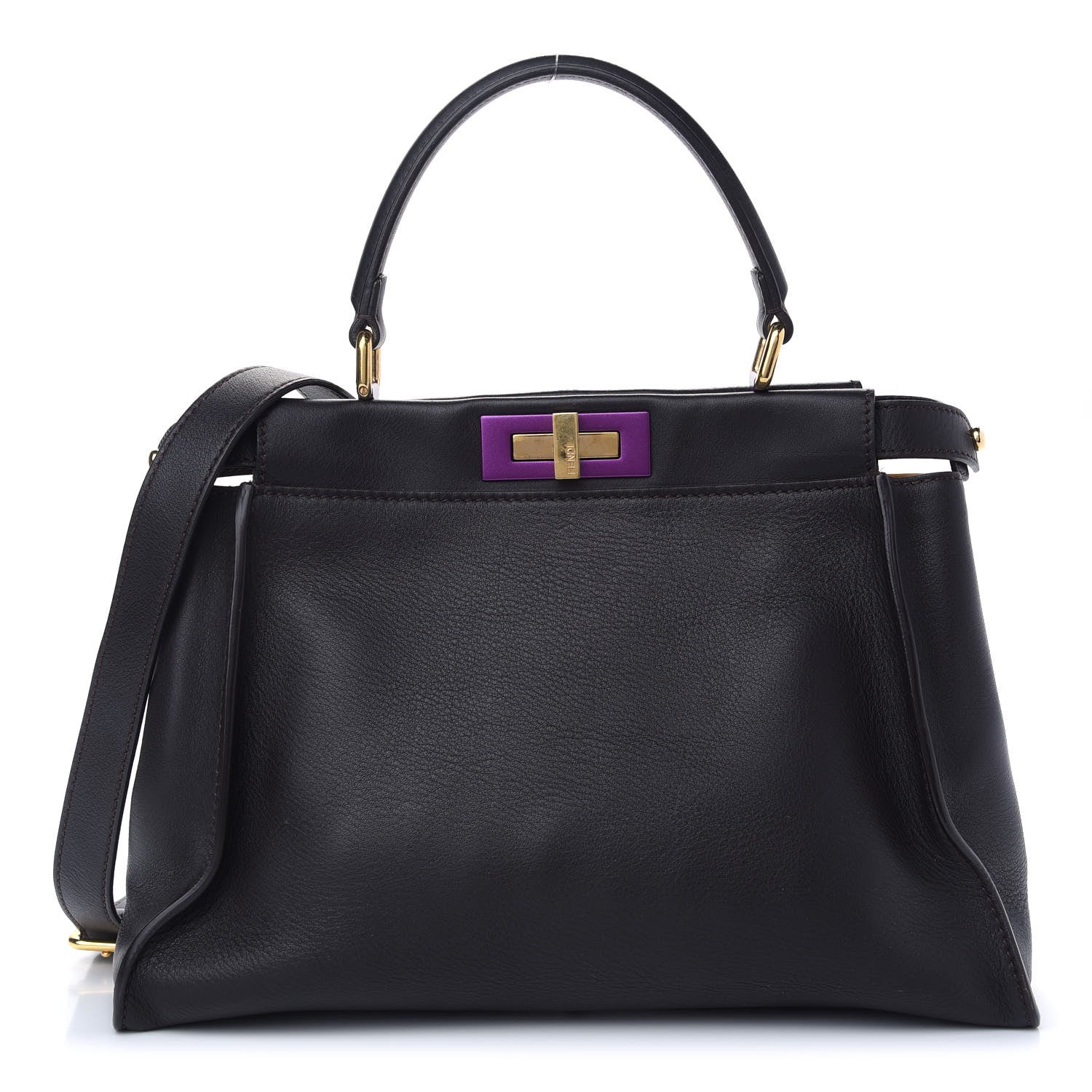 Fendi ENDI Vitello Seta Shiny Nappa Medium Peekaboo Iconic Satchel Dark Brown Purple 1 of 7