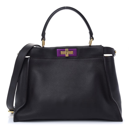 Fendi ENDI Vitello Seta Shiny Nappa Medium Peekaboo Iconic Satchel Dark Brown Purple 1 of 7