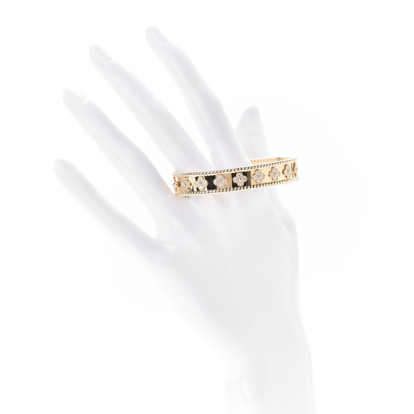18K Yellow Gold Diamond Perlee Clovers Bangle Bracelet XS