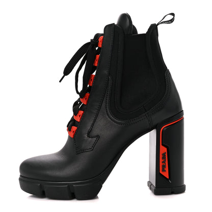 Prada Vitello Montana Neoprene Lace Up Chelsea 110mm Ankle Boots 39 Black Arancio 1 of 9