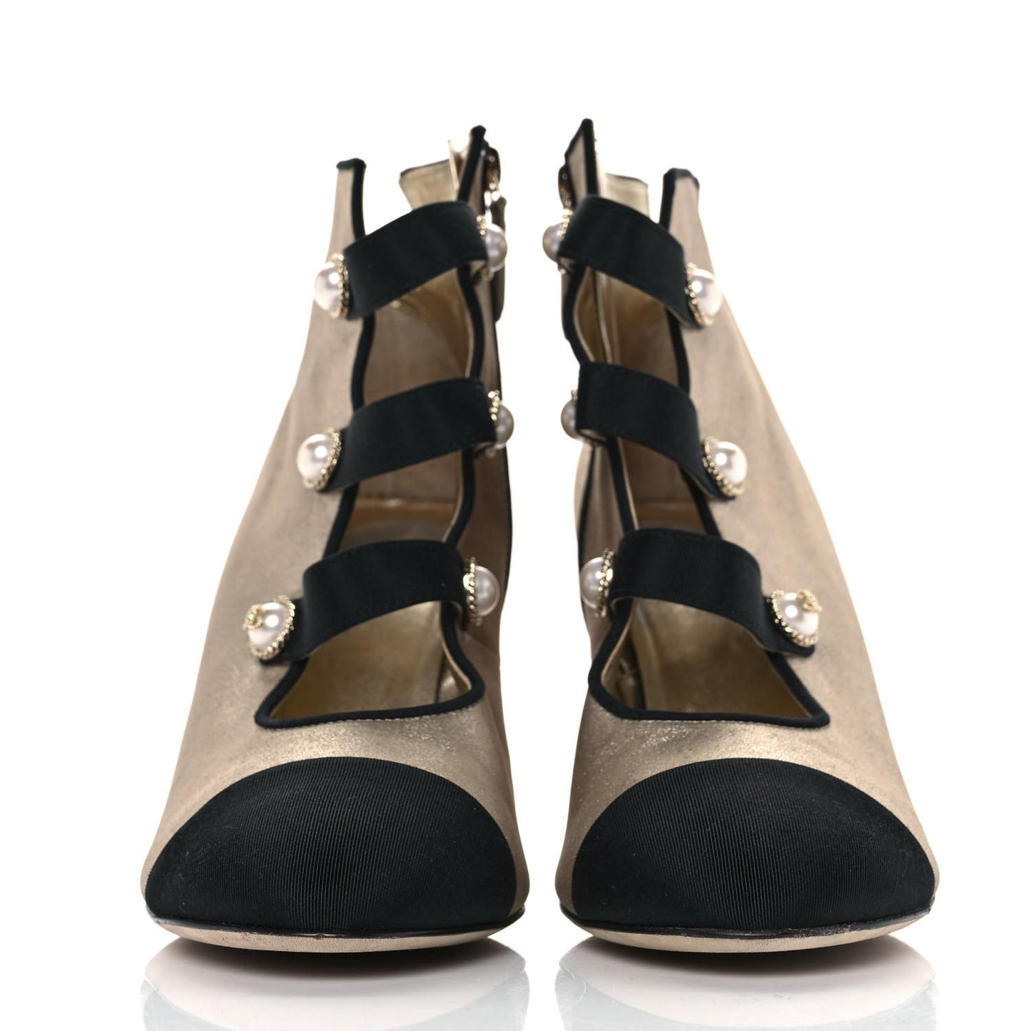 Metallic Lambskin Grosgrain Cap Toe Pearl Ankle Boots 39.5 Gold