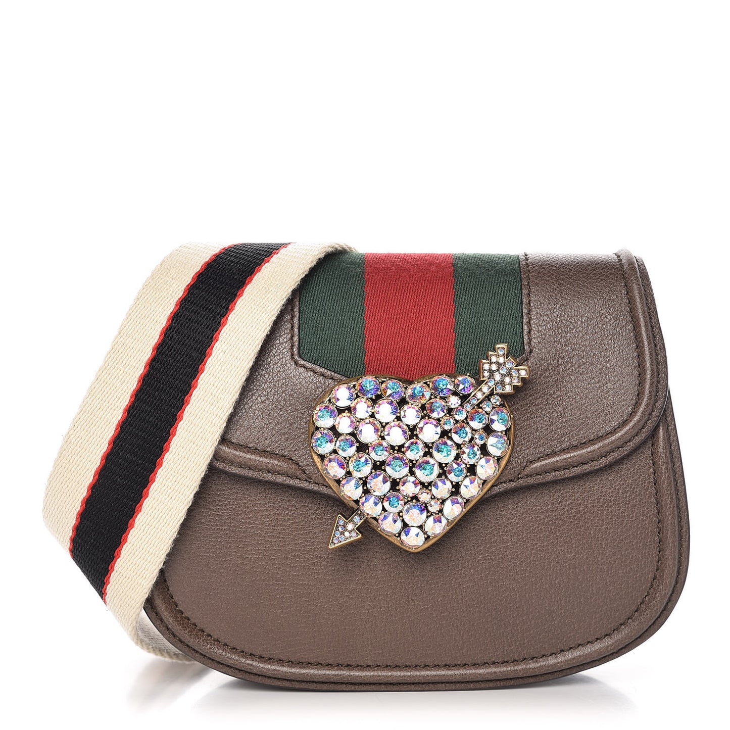 Textured Calfskin Web Crystal Heart Stripe Small Totem Shoulder Bag New Acero