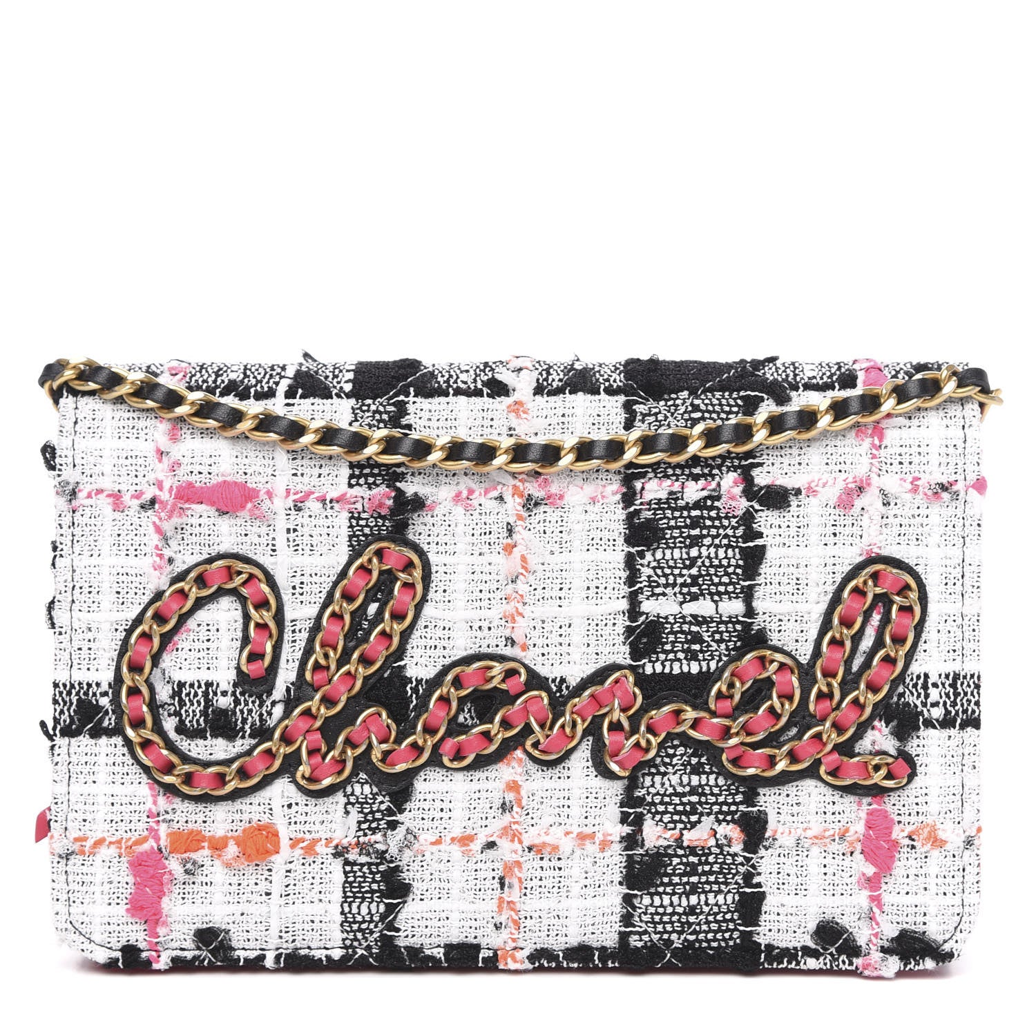 Chanel Tweed Calfskin Signe Wallet On Chain WOC Black Pink Orange 1 of 12
