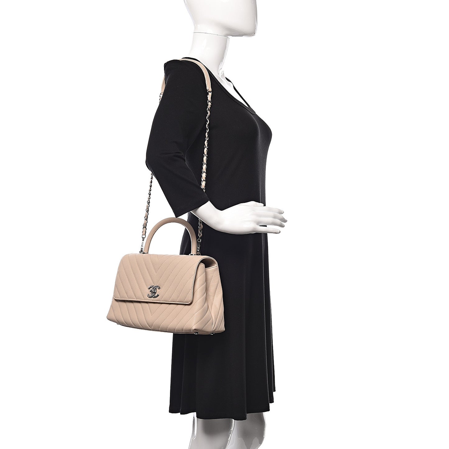 Caviar Chevron Quilted Small Coco Handle Flap Beige