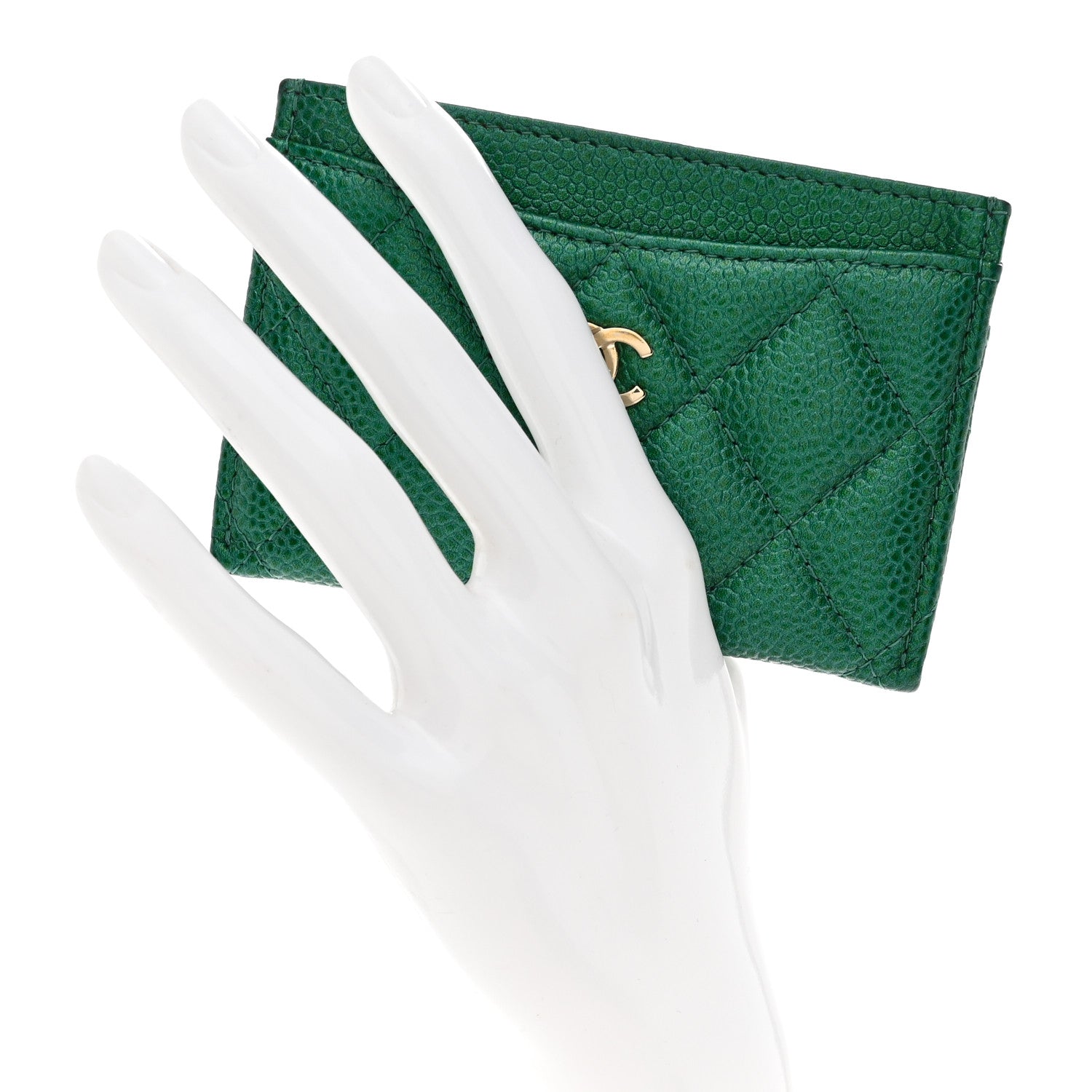 Chanel Metallic Caviar Quilted Card Holder Green 2 of 9