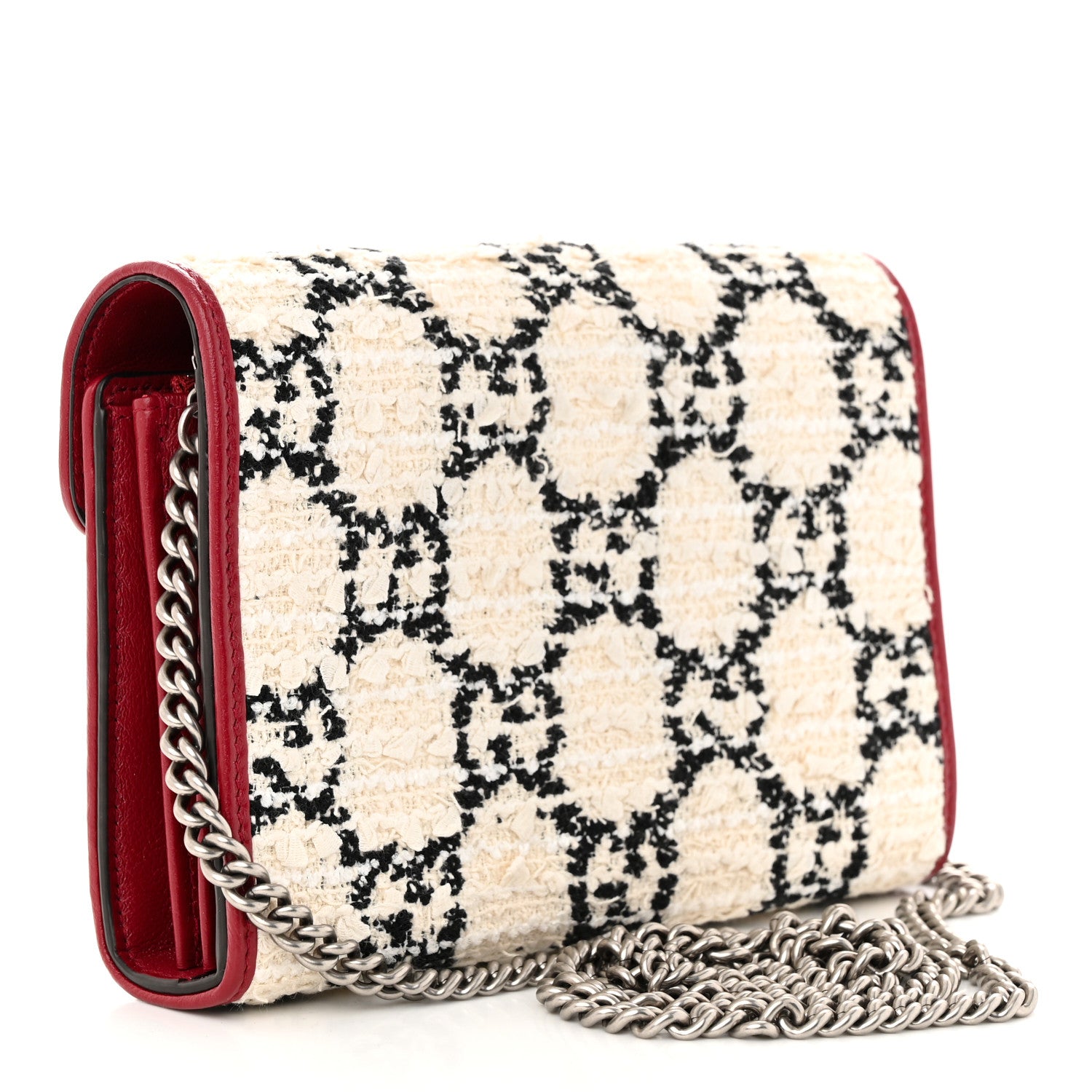 Gucci Tweed GG Monogram Mini Dionysus Chain Wallet White Black Romantic Cherry 3 of 10