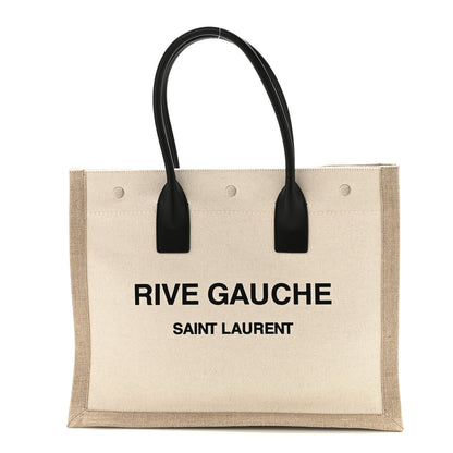 Saint Laurent Linen Calfskin Small Rive Gauche Tote Greggio Natural 1 of 10