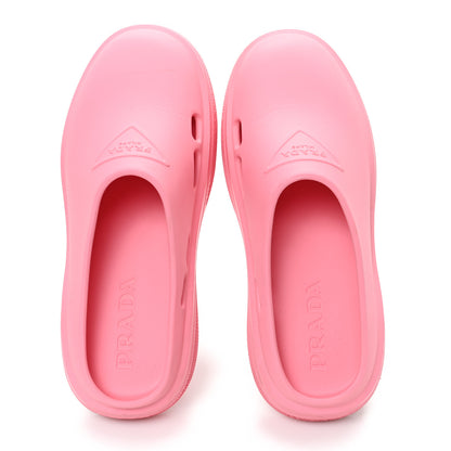 Prada Soft Mellow Rubber Triangle Logo Embossed Womens 25mm Mules 38 Begonia 2 of 10