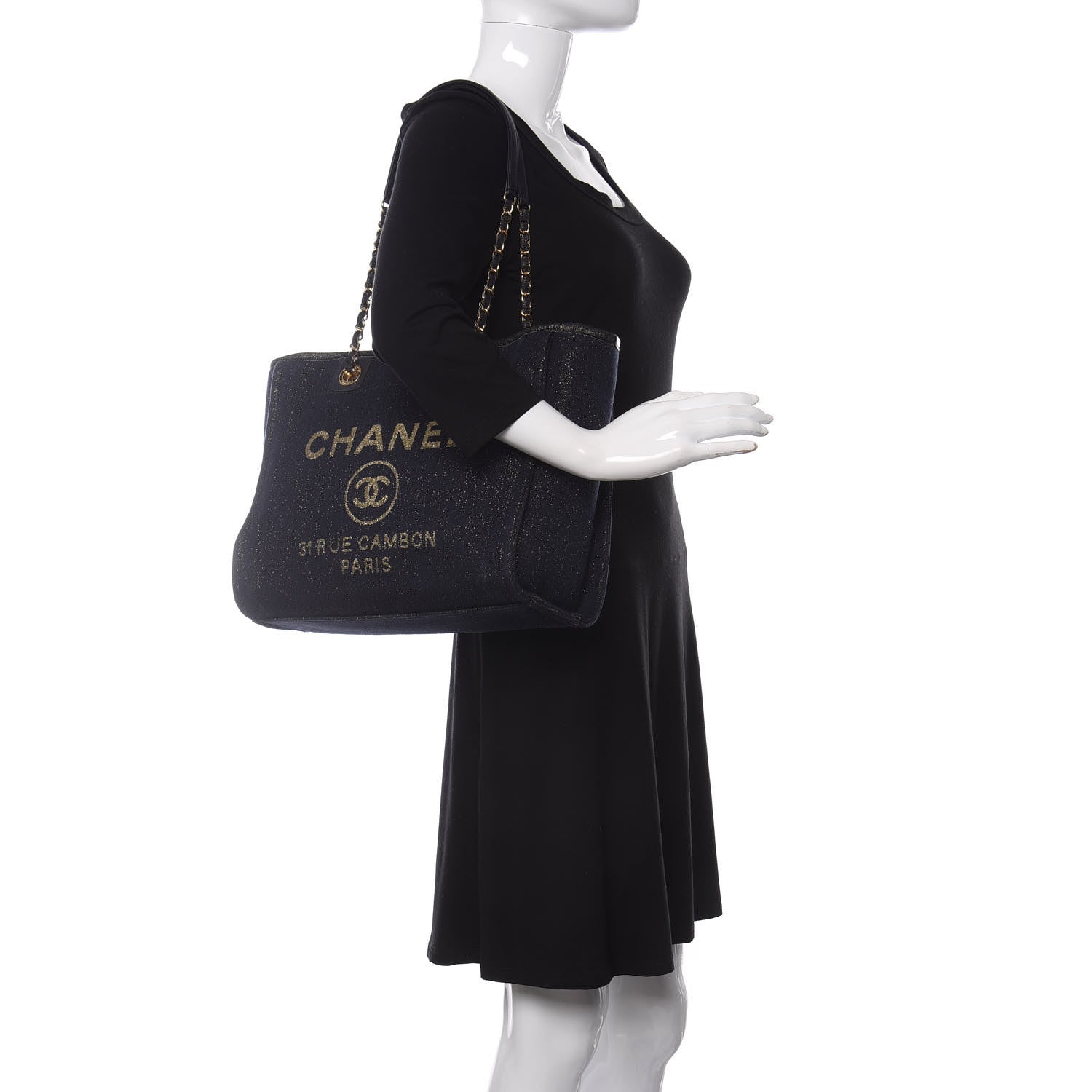 Chanel Lurex Canvas Small Deauville Tote Navy Blue Gold 2 of 12