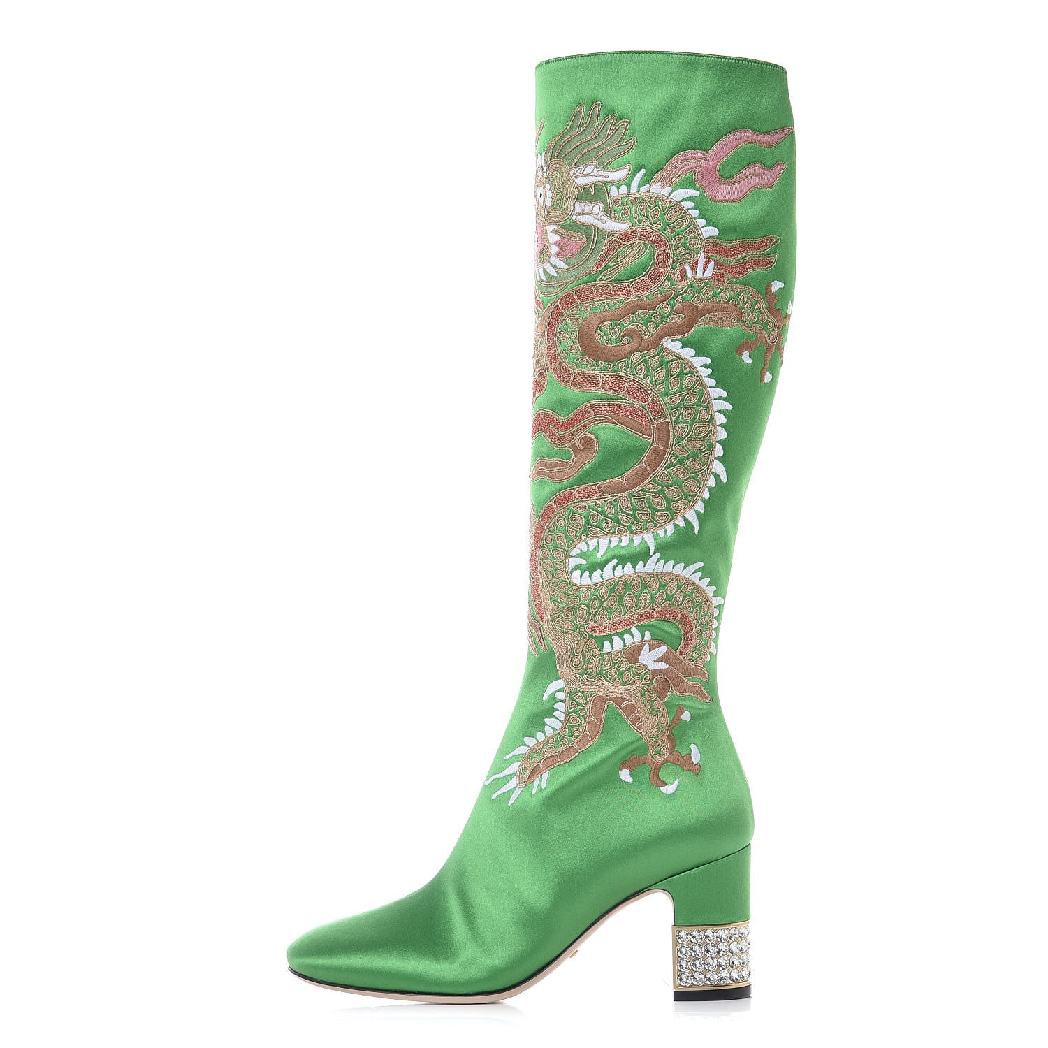 Gucci Silk Satin Malaga Kid Embroidered Candy Dragon Block-Heel Knee Boot 36 Green 2 of 20