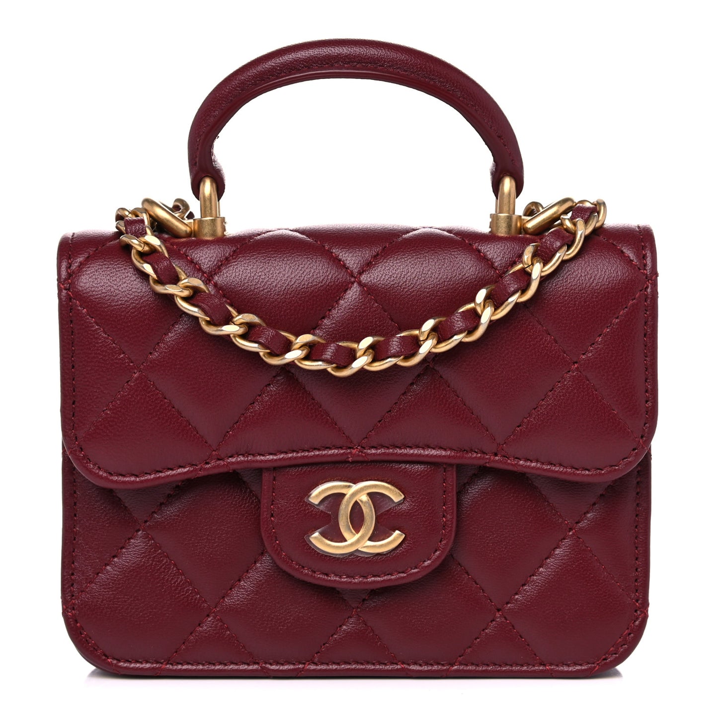 Lambskin Quilted Top Handle Flap Coin Purse With Chain Burgundy