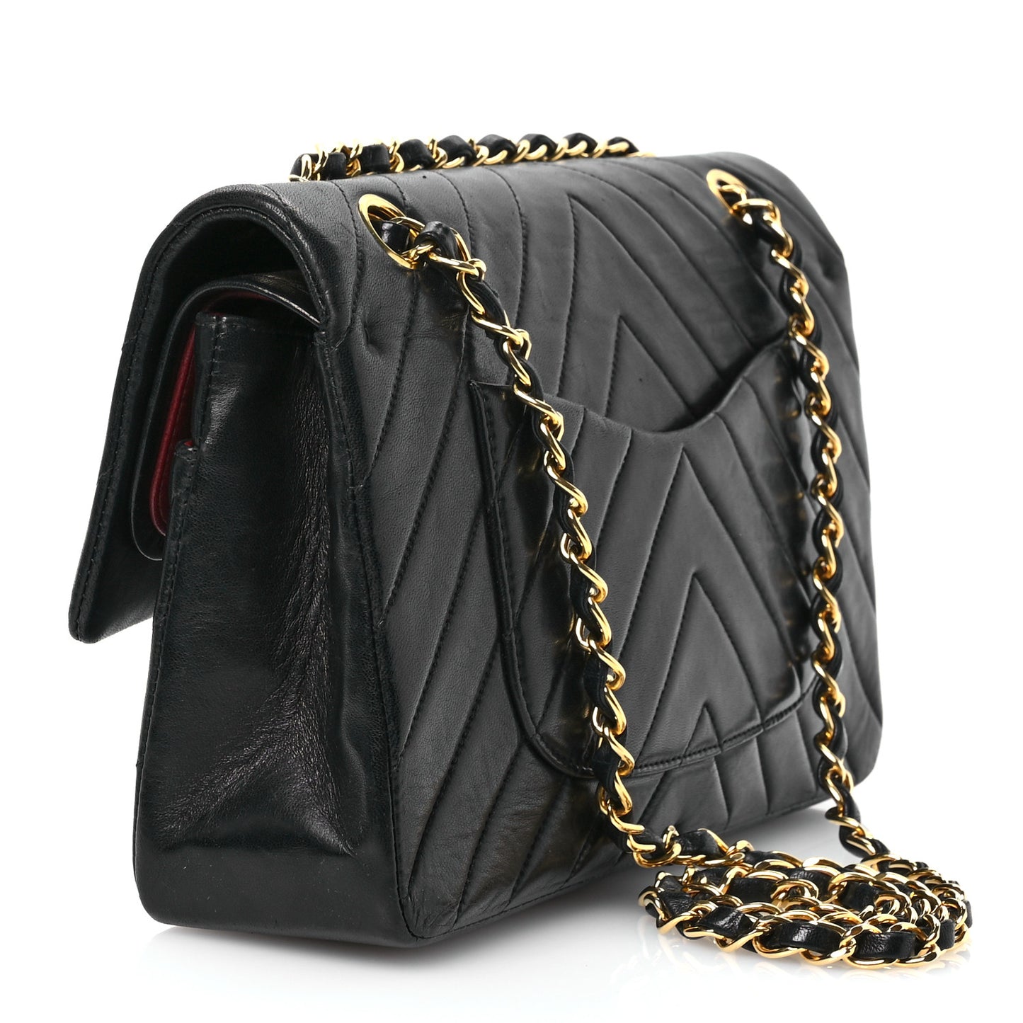Lambskin Chevron Quilted Medium Double Flap Black