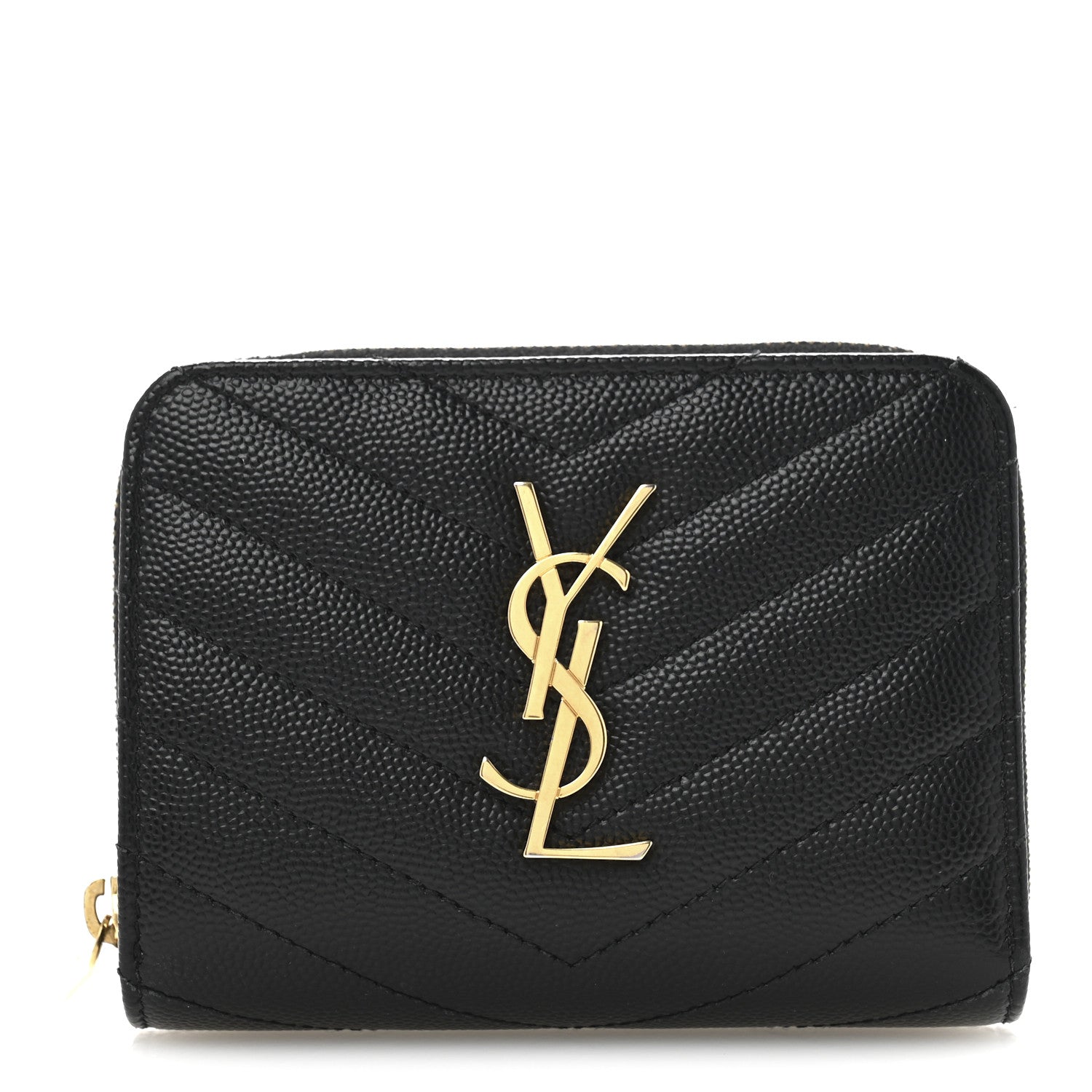 Saint Laurent Grain De Poudre Matelasse Chevron Monogram Compact Zip Around Wallet Black 1 of 9