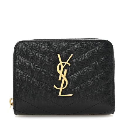 Saint Laurent Grain De Poudre Matelasse Chevron Monogram Compact Zip Around Wallet Black 1 of 9