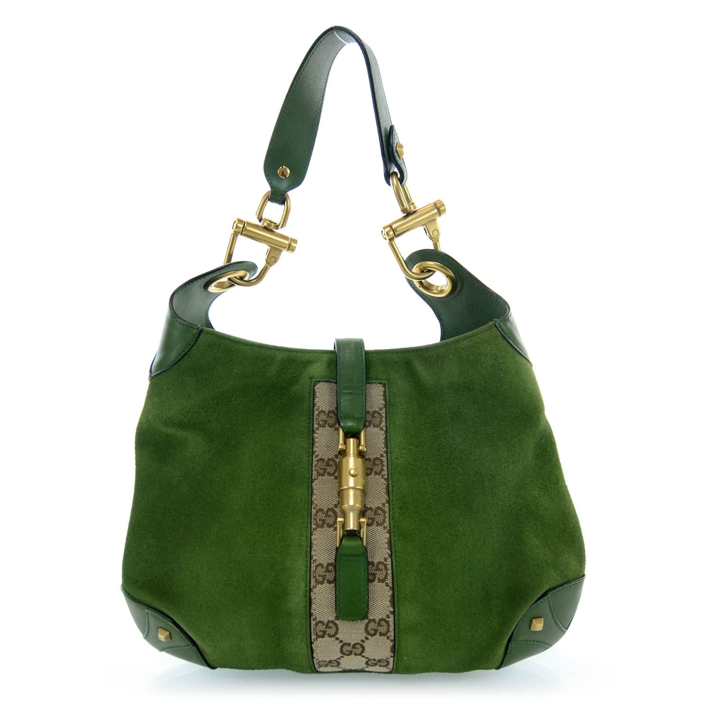 Suede Monogram Web Piston Lock Jackie O Hobo Green