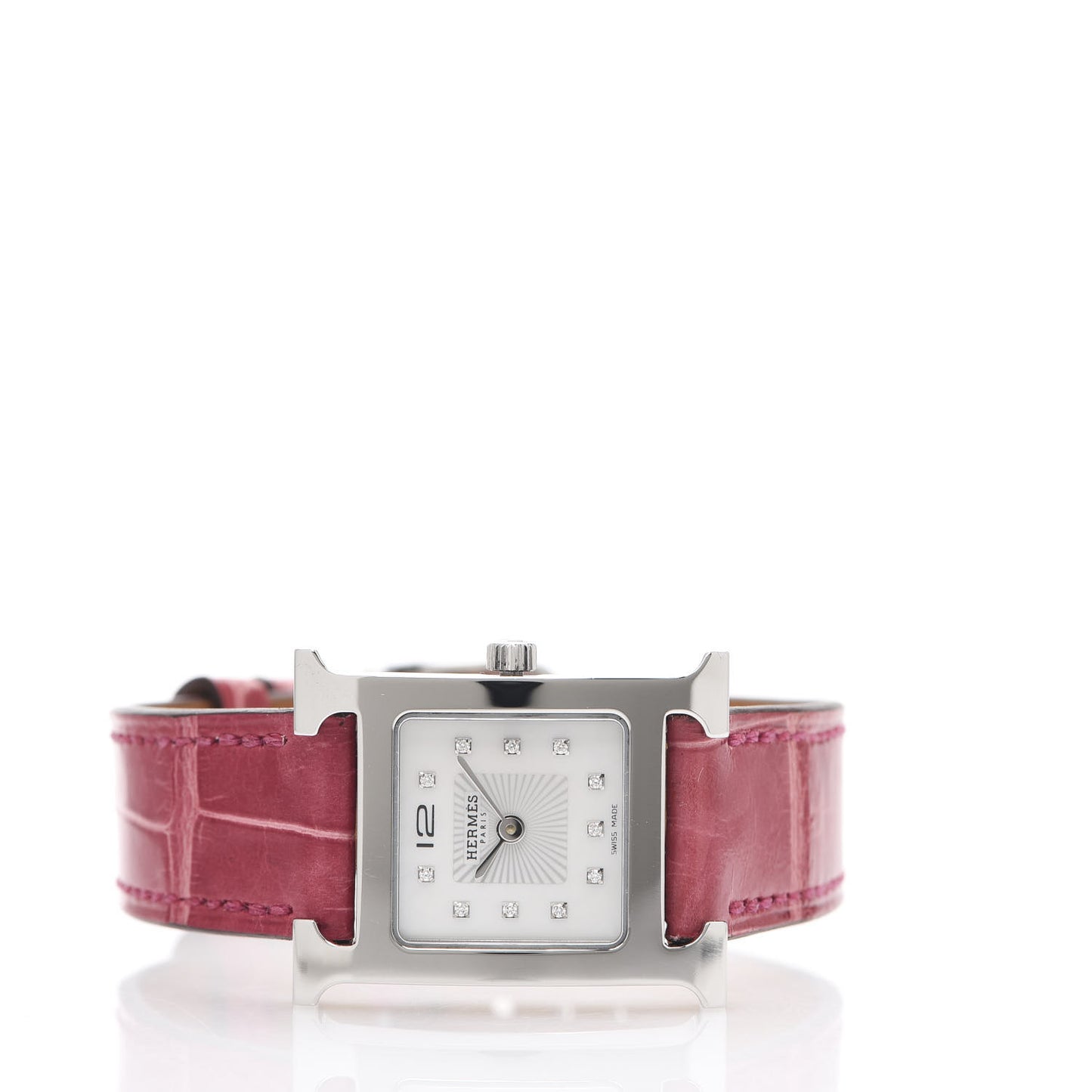 Stainless Steel Alligator Diamond Mother of Pearl 21mm Heure H Hour Quartz Watch Framboise