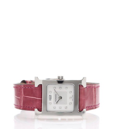 Hermes Stainless Steel Alligator Diamond Mother of Pearl 21mm Heure H Hour Quartz Watch Framboise 2 of 8