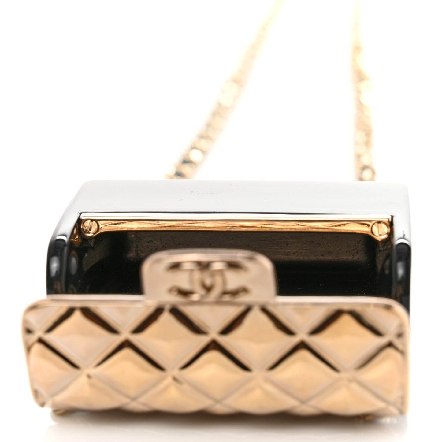 Metal Resin Lambskin Crossbody Flap Bag Long Necklace Black Gold