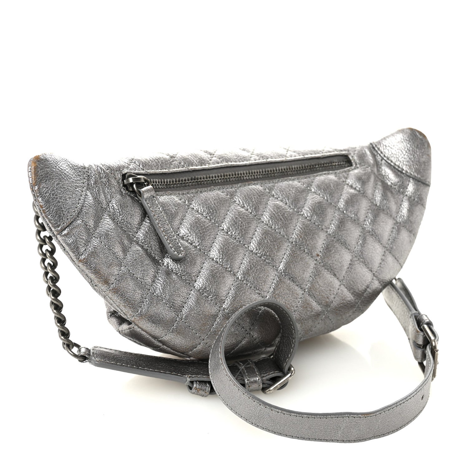 Chanel Metallic Calfskin Quilted Banane Waist Bag Fanny Pack Dark