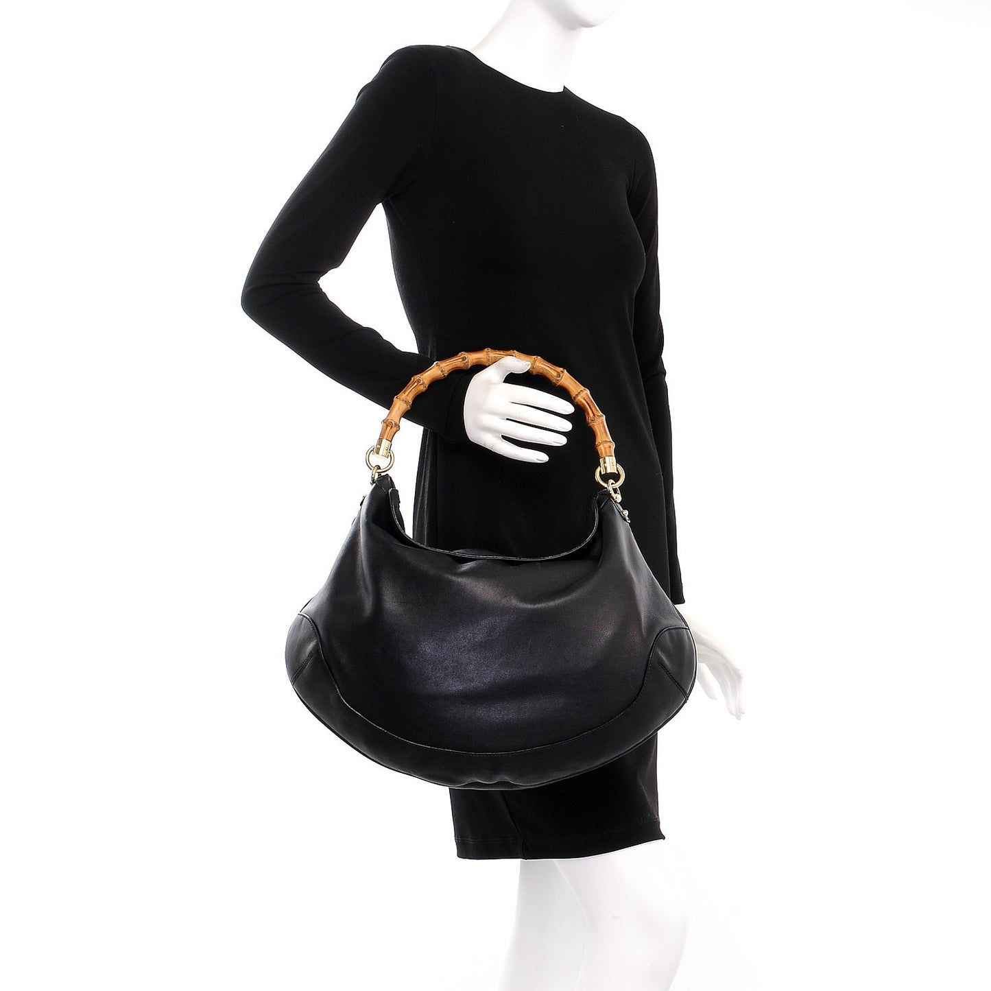 Calfskin Peggy Bamboo Top Handle Hobo Black