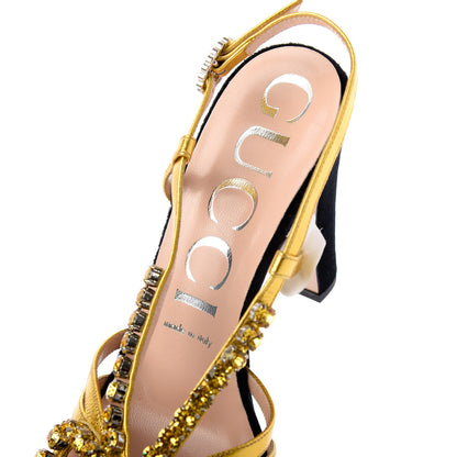 Gucci Velvet Nappa Crystal Zephyra Slingback Platform High Heel Sandals 38.5 Black Gold 8 of 9