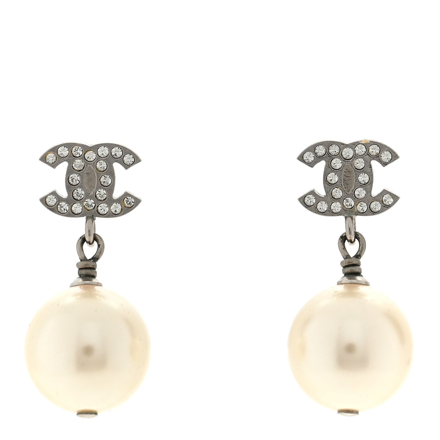 Chanel Crystal Pearl CC Drop Earrings Silver Pearly White 1 of 4