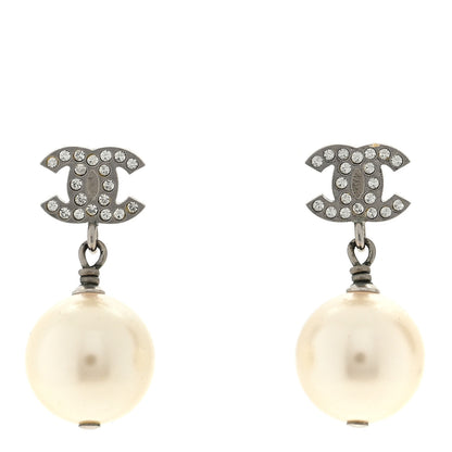 Chanel Crystal Pearl CC Drop Earrings Silver Pearly White 1 of 4