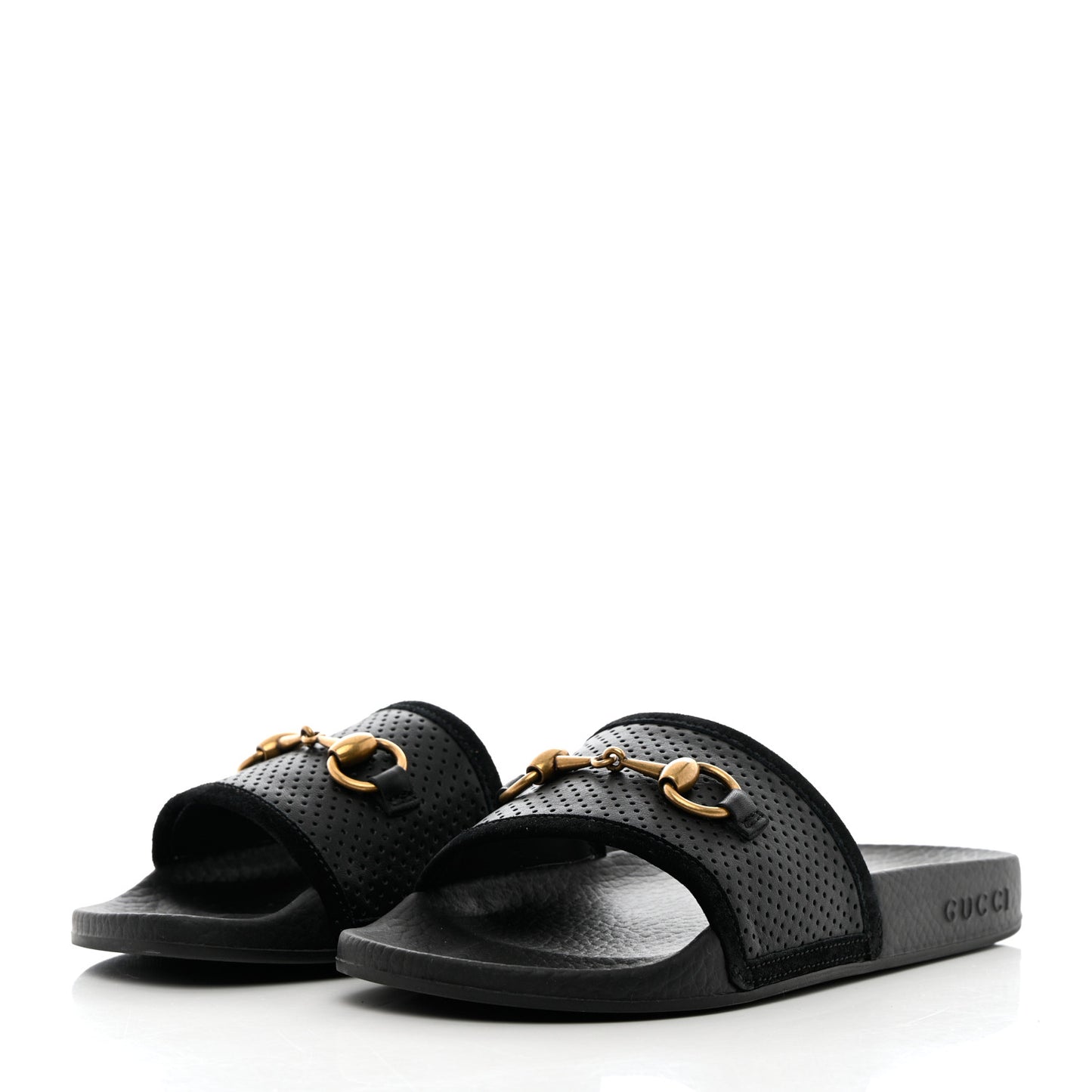 Suede Perforated Horsebit Slide Sandals 36 Black