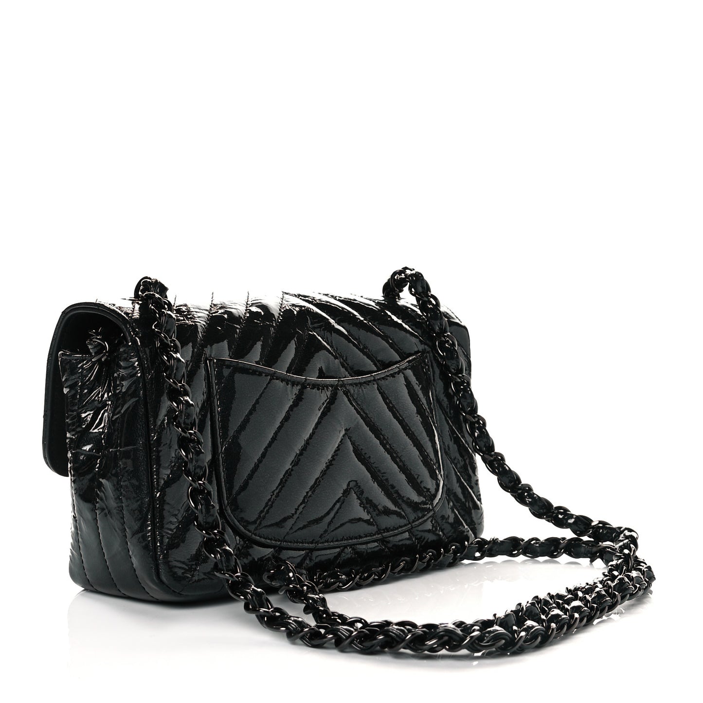 Patent Metallic Crumpled Calfskin Chevron Quilted Mini Rectangular Flap So Black