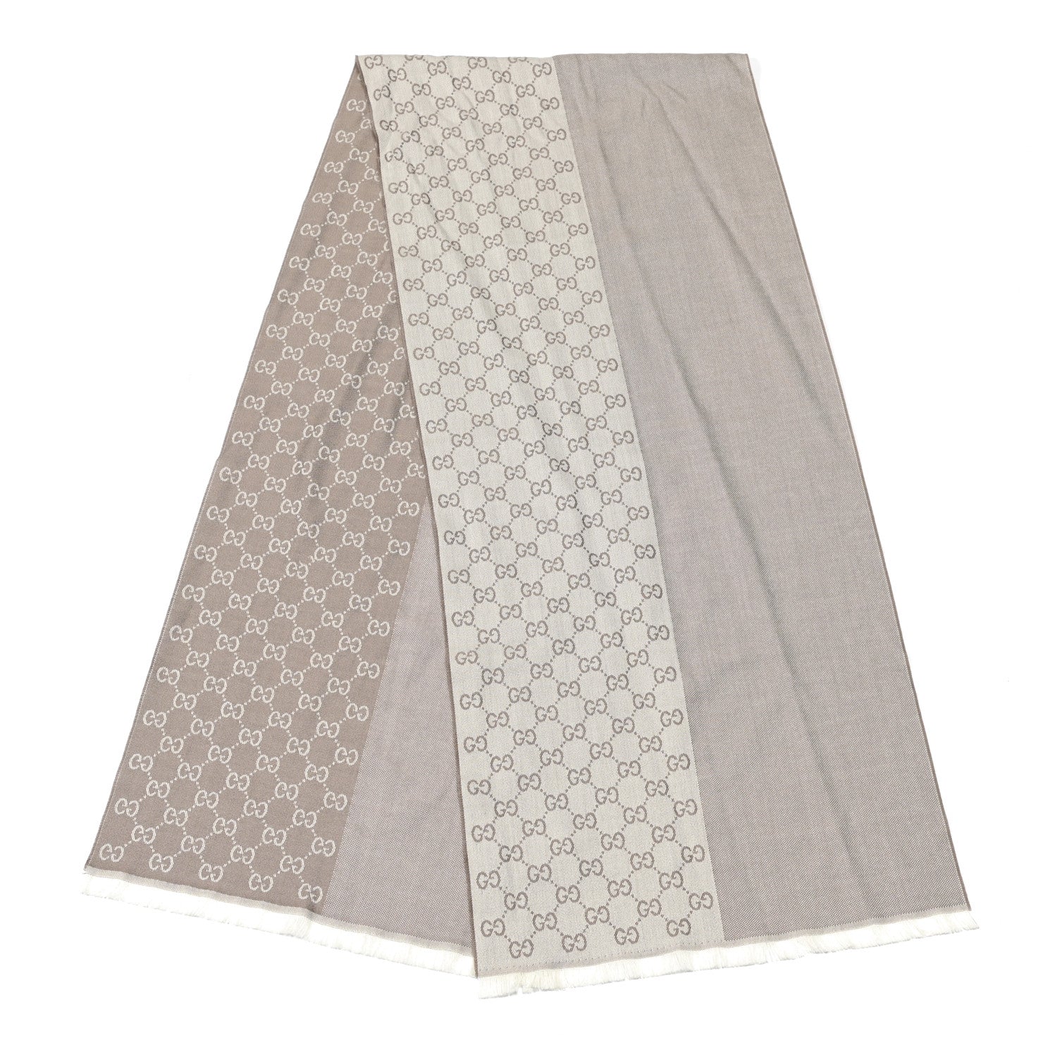 Gucci Wool GG Monogram HalfGG Fringe Scarf Ivory Beige 2 of 4
