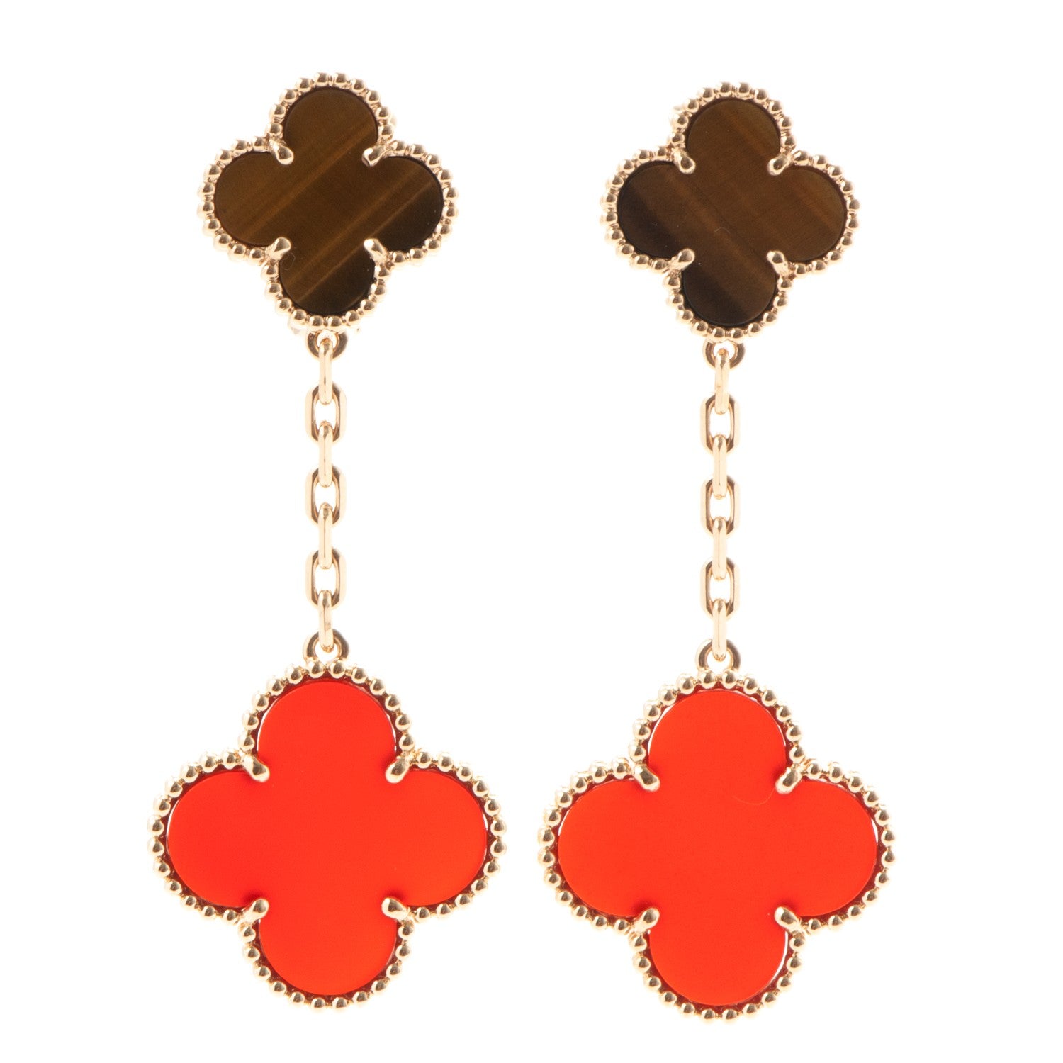 Van Cleef & Arpels 18K Yellow Gold Tiger Eye Carnelian 2 Motifs Magic Alhambra Earrings 1 of 4