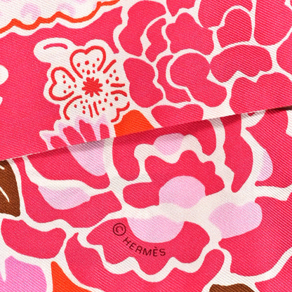 Hermes Silk Bingata Twilly Fuchsia Corail Brun 4 of 4