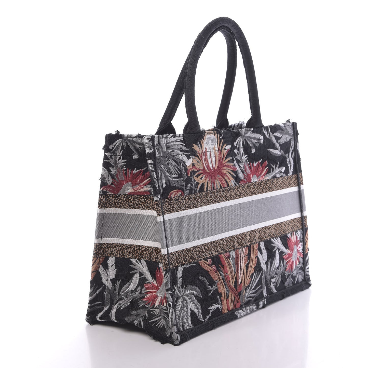 Canvas Embroidered Medium Camouflage Flowers Book Tote Black Multicolor