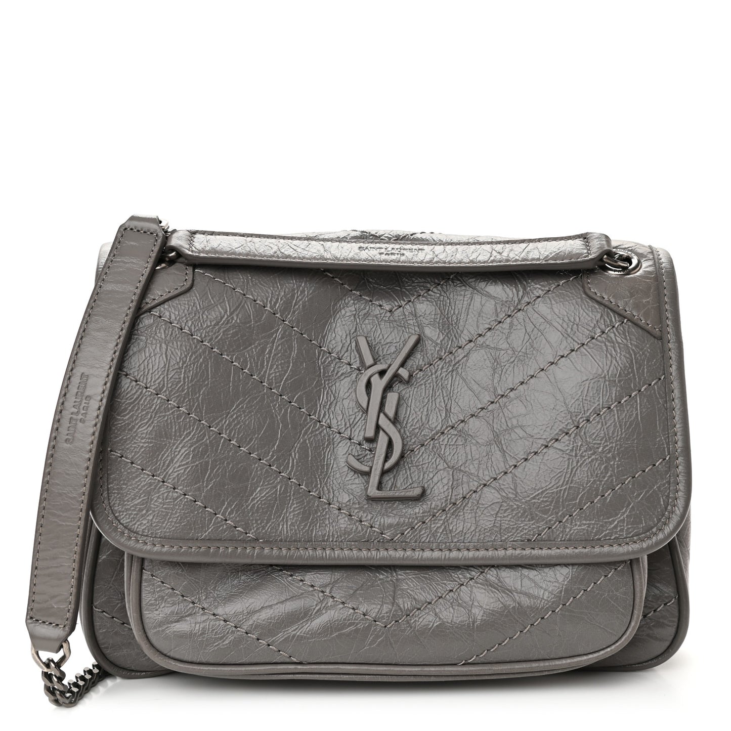 Crinkled Calfskin Matelasse Monogram Baby Niki Chain Satchel Storm