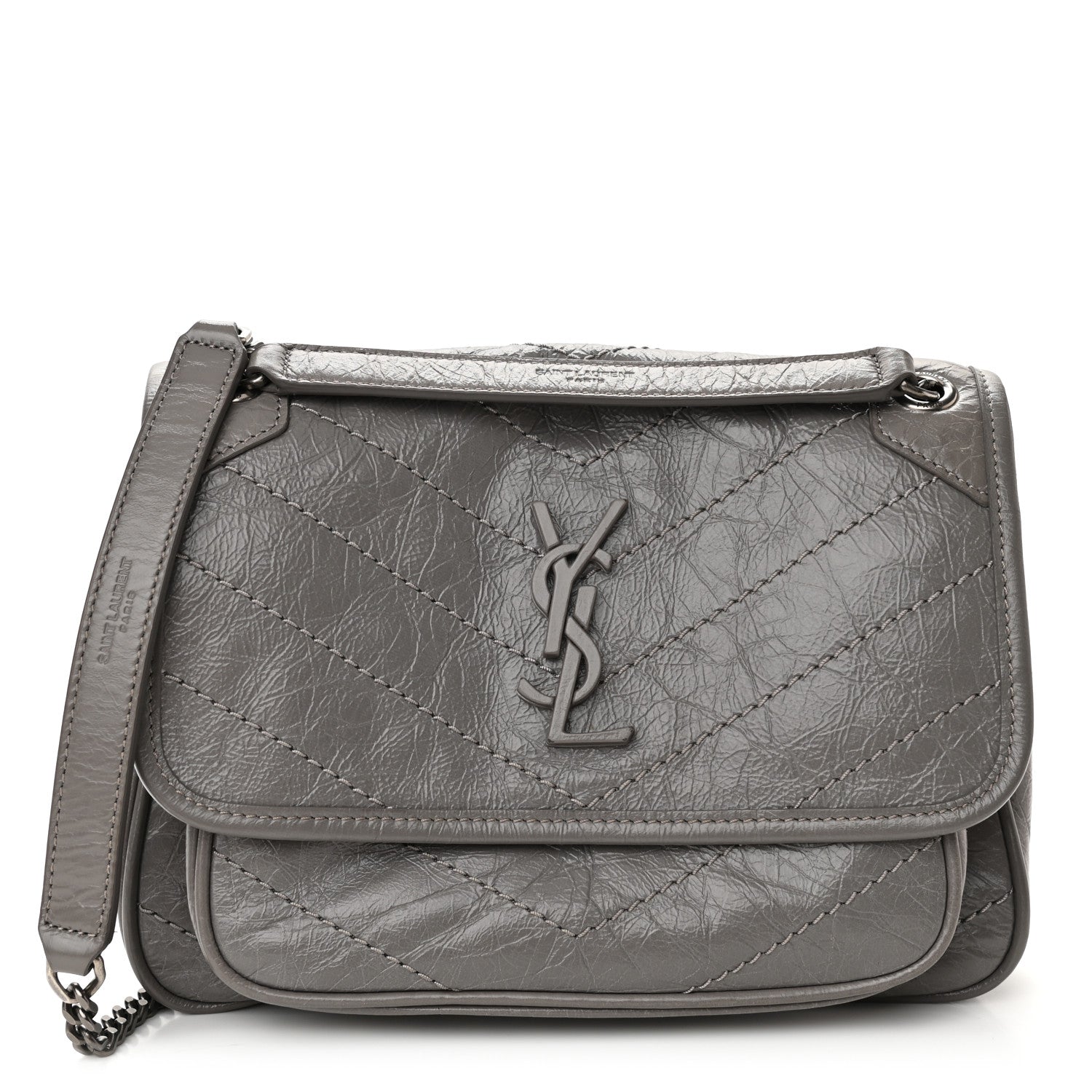 Saint Laurent Crinkled Calfskin Matelasse Monogram Baby Niki Chain Satchel Storm 1 of 9