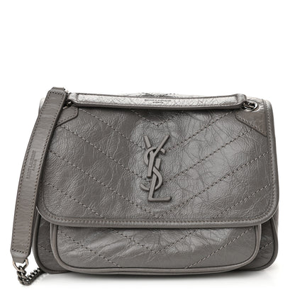 Saint Laurent Crinkled Calfskin Matelasse Monogram Baby Niki Chain Satchel Storm 1 of 9