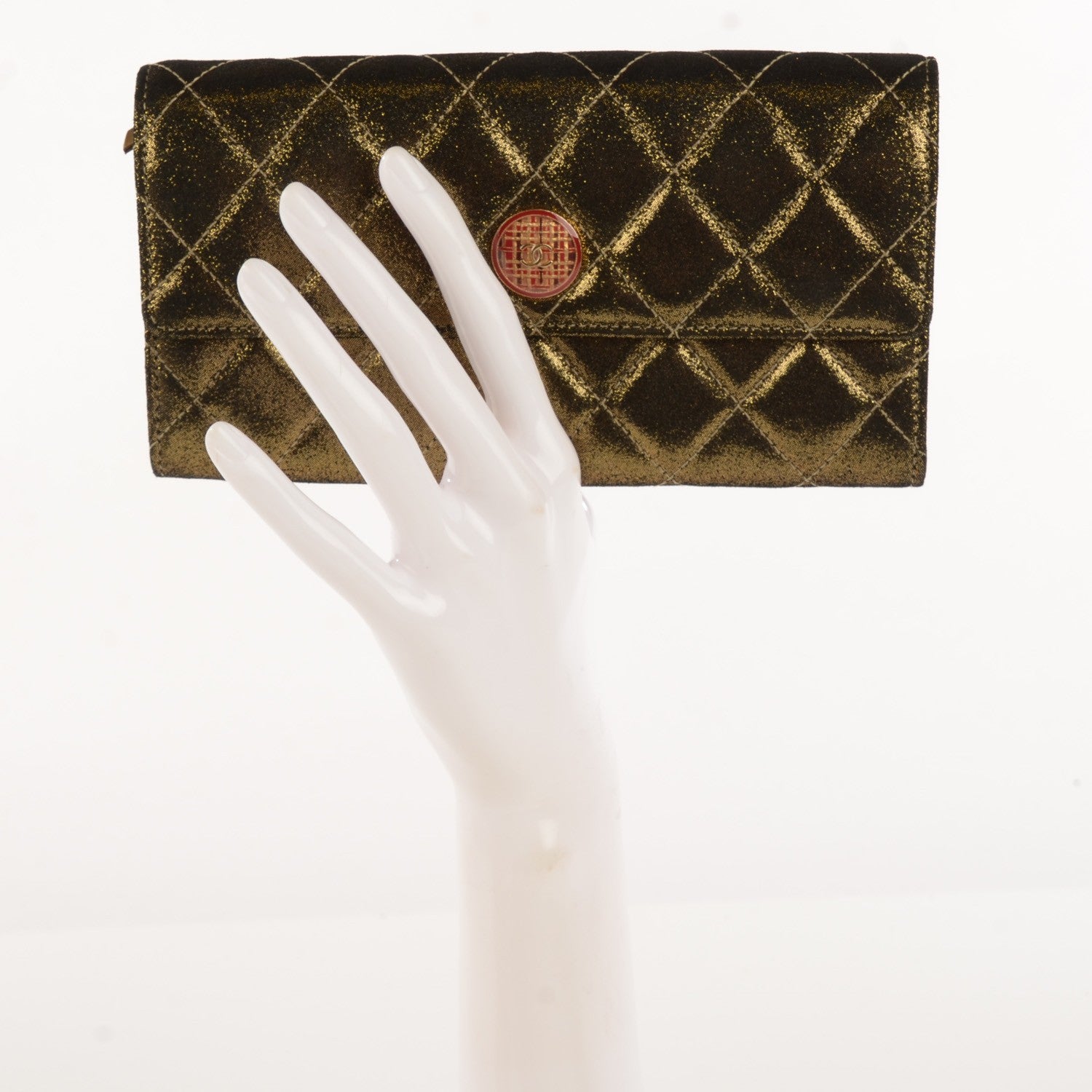 Chanel Iridescent Calfskin Quilted Tartan Button Large Gusset Flap Wallet Gold 2 of 8