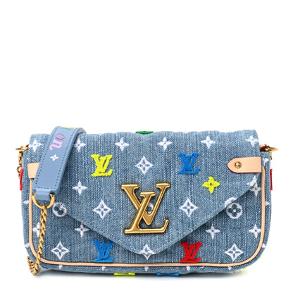 Louis Vuitton Embroidered Monogram Denim New Wave Chain Pochette Blue 1 of 10